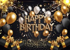 DePhoto 7x5Ft Black Gold Happy Birthday Backdrop Gold and Black Glitter Balloon