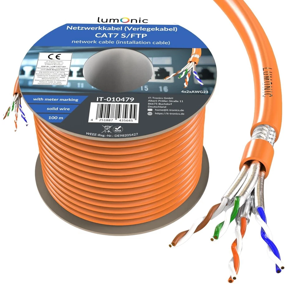 LUMONIC Cable de red 100 m CAT7 S/FTP cable de instalación AWG23 100 % cobre OFC 10 Gbps halógeno