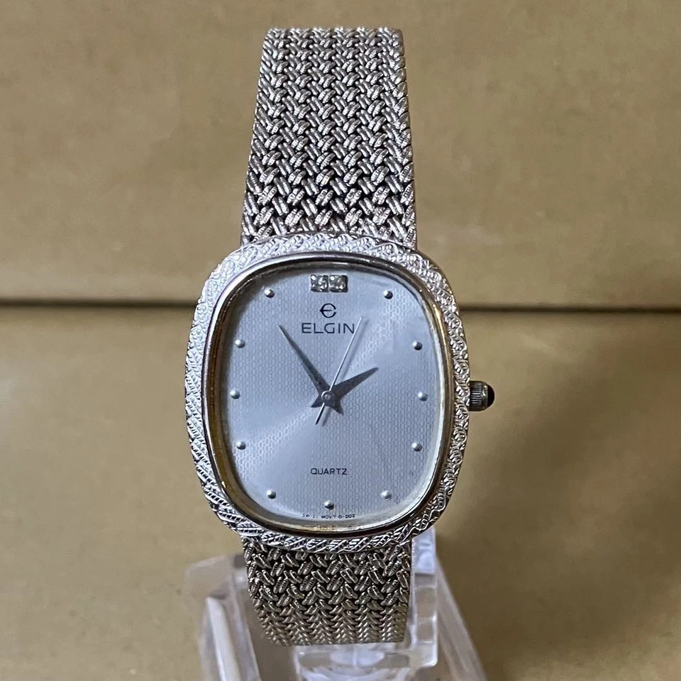 Reloj Cuadrado Cuarzo Elgin Esfera Plateada 2 Diamantes Usado Batería Dañada Desconocido Foto 2 de 4