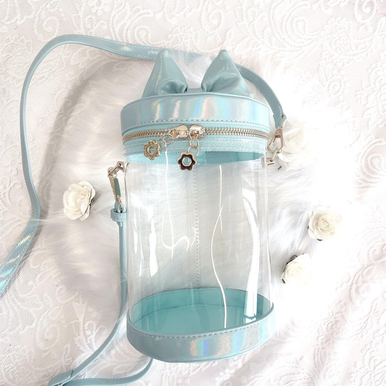 Cat Ear Ribbon Plush Shoulder Bag in Clear Mint Green