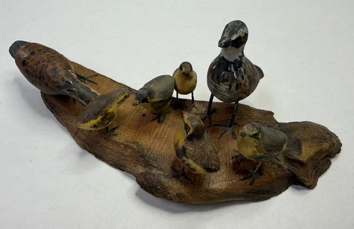 CLEM WILDING HAND CARVED BIRD FAMILY- Mom Dad & 5 Babies, Signed, Driftwood Base