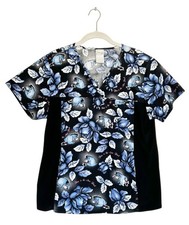 Disney Eeyore Floral Short Sleeve Scrub Top in Black/Blue - Sz L