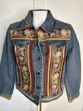 Hankie Pankie Blue Jean Denim Jacket Lace Ribbon Tapestry Full Button Size M