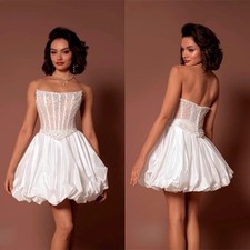 Shiny Beading Mini A-Line Wedding Dress Strapless Sleeveless Corset Bridal Gowns