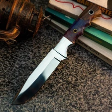 Gift-Ready 9.2" Damascus / Steel Knife Full Tang Hunt it Hunt + Leather Sheath