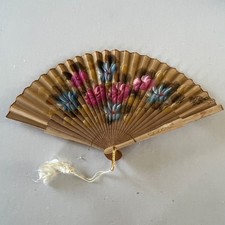 Vintage Wooden  Paper Hand Fan Fold Up 1930-1940s Japan Floral - Antique