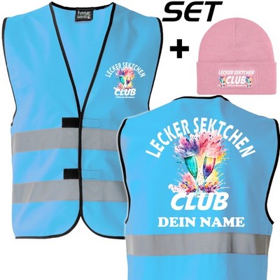 Lecker Sektchen Club Spar Set   Warnweste mit Namen und Beanie für Mitglieder