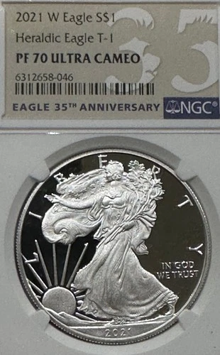 2021 W Prf Silver American Eagle• NGC PF 70 UCAM • Heraldic Eagle T-1• 35th Anni