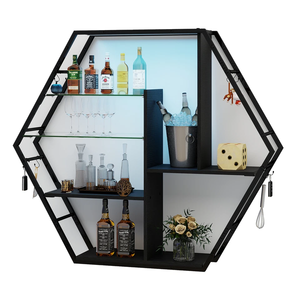 Wandregal Schweberegal mit Beleuchtung RGB Schwebendes Regal Schwarz 6 Haken - Bild 3 von 4