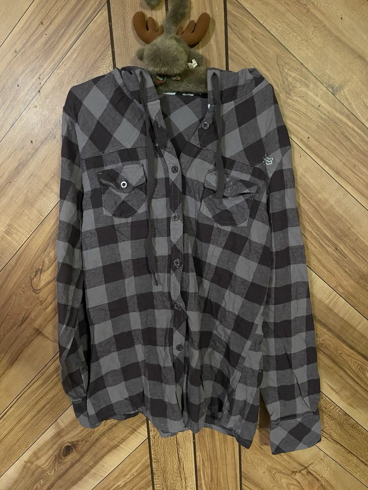 Fox Racing Big Boys Size XL Gray/Black Plaid Hooded Button Up Shirt - Image 3 of 4