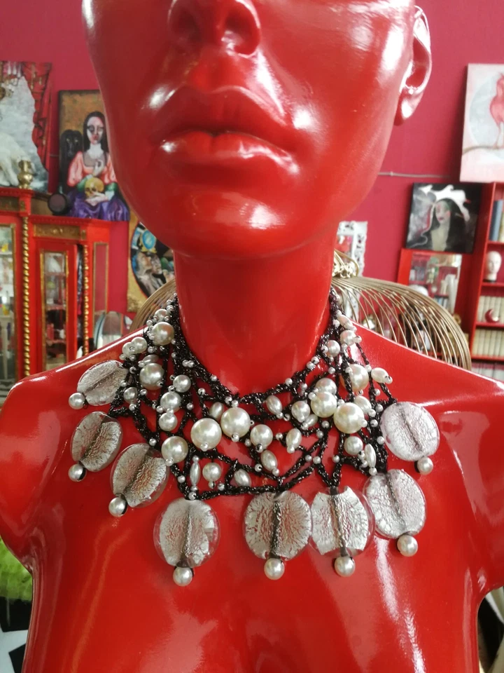 Choker Necklace Woman Jewelry Collar Vintage Collier Black White Pearl Layered - Image 3 of 4