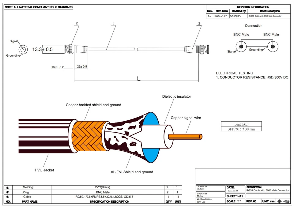 Lot10x/pk/pcs 3ft/feet/foot HD-SDI RG59 Video Cable D BNC Male~M 75ohm Cord/Wire - Image 2 of 2
