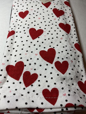 MARTHA STEWART KITCHEN TOWELS (3) HEARTS RED BLACK16 X 28  100% COTTON NWT