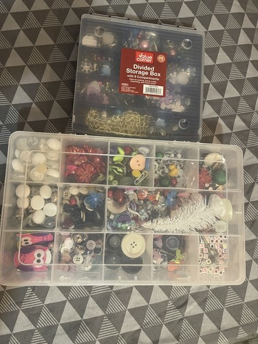 Mixed Lot Of Beads, Bits, Chain, Buttons, Glass Stones, And More! In Plastic Box
