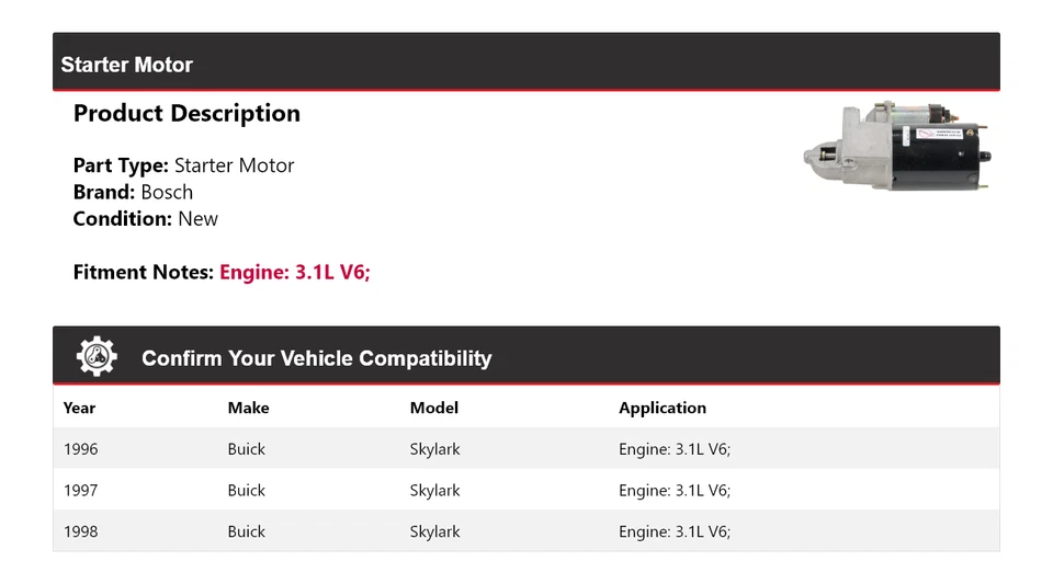 Arranque Bosch V6 3,1 L 1996-1998 Buick Skylark (nuevo) 1997 Foto 2 de 4