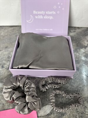 Locks & Mane 100% Mulberry Silk 3-Pc  Scrunchie Set with Queen Pillow Case Grey