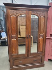 Antique Edwardian carved double wardrobe mirrored doors drawer