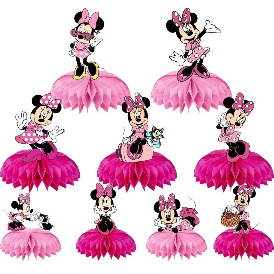 Suministros de fiesta de cumpleaños Minnie, 9 piezas centros de mesa de panal, decoración de ratón Foto 3 de 4