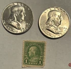 1954-P 1954-D Franklin Half Dollar Coin BU, Bonus 1908 1c Franklin Stamp!