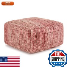 Simplihome Nate 20" Wide Square Pouf - Red Handwoven Cotton