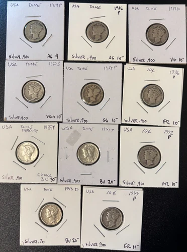 12 Silver: 11 Mercury Dimes (1919 to 44) + 1/10oz 999 GSM UNC round. Per Photos.