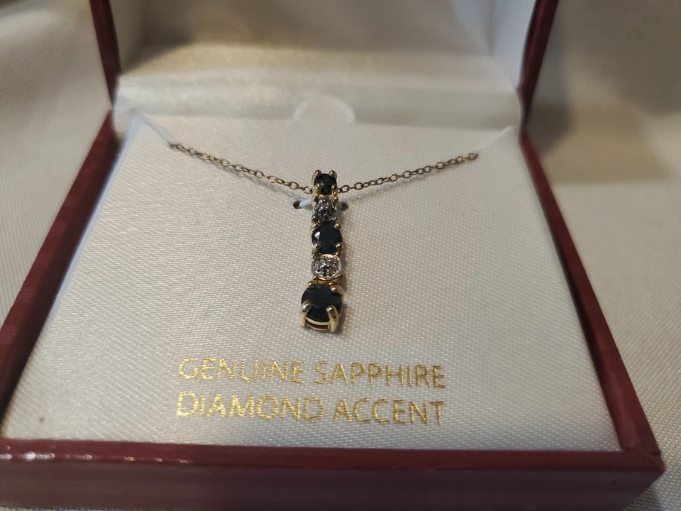 18K Gold over Silver Sapphire Diamond Accent Past Present Future Necklace Q19 - Image 2 of 4