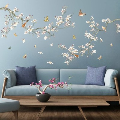 Removable 3D Two Curved Tree Branches Leaves With Colorful Flying Birds Wall ...