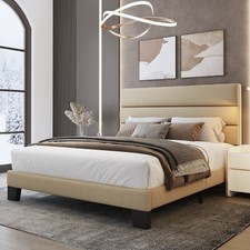 Platform Bed Frame Full Queen King Size With Fabric Upholstered Headboard Beige