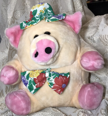 Vintage W.M.W Frühling Sommer Schwein Plüschtier Kuscheltier Sitzsack groß schwer Blumen Hut