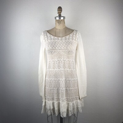 Free People l S Ivory Open Knit Ruffle Lace Long Sleeve Sweater Tunic Mini  Dress | eBay