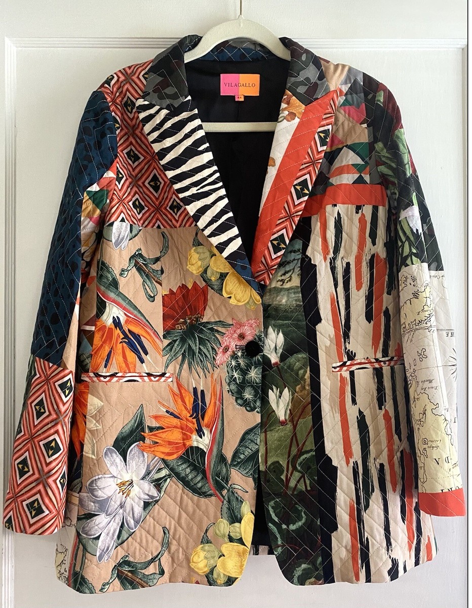 Vilagallo Anthropologie Patchwork Floral Quilted Blazer Jacket Coat Size L 44