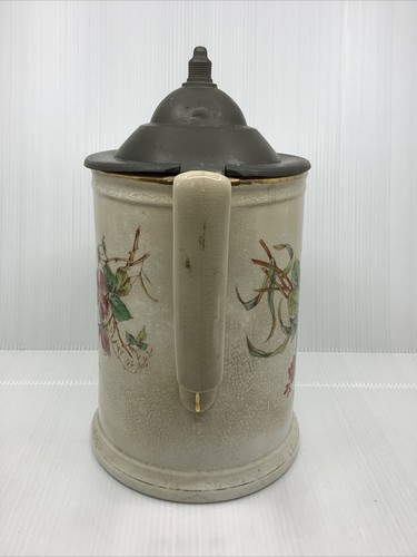 Antique Large Knowles Taylor Knowles Hand Painted Pitcher Coffee Pot Pewter Lid - Picture 4 of 12