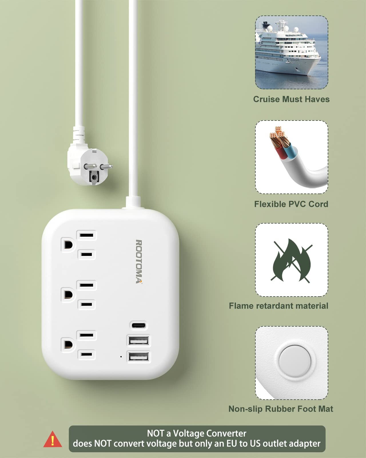 European Travel Plug Adapter with USB C, Outlet Converter US to Europe