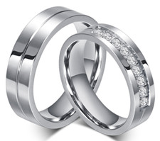Stainless Steel 316L Silver CZ Engraved Grooved Promise Ring Couple Wedding Band