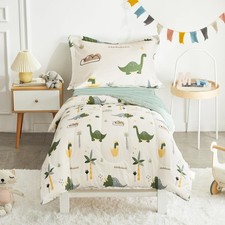 Dinosaur Toddler Bedding Set 4 Piece Cotton Green Dinosaurs Print for Kids