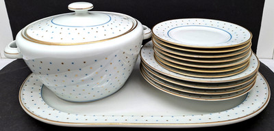 Set 13-tlg. Bauscher Weiden Porzellan Weiß mit Goldrand & blauem Punktdekor