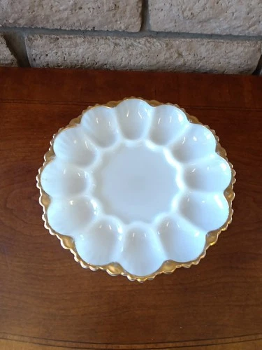 Vintage Deviled Egg Plate White Milk Glass Serving Dish w/ Gold Trim.  ~ 10”
