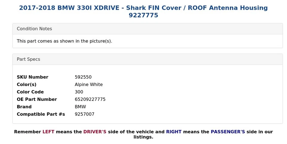 2017-2018 BMW 330I XDRIVE - Capa fina Shark/carcaça de antena de teto 9227775 - Imagem 4 de 4