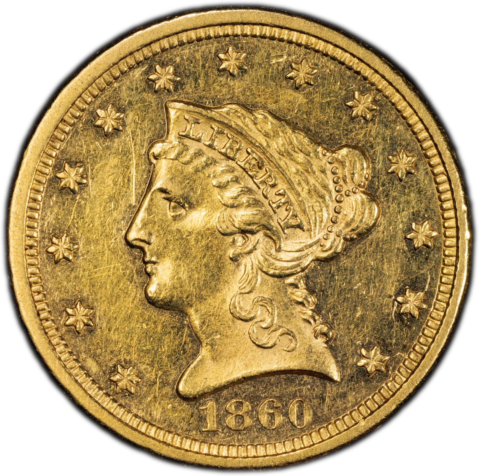 1860 $2.50 Old Reverse Liberty Head Quarter Eagle PCGS AU58