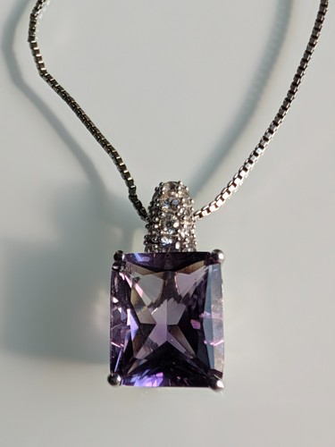 14K White Gold 2.20ct Emerald Cut Amethyst 0.24ctw Diamond Pendant 925 Chain