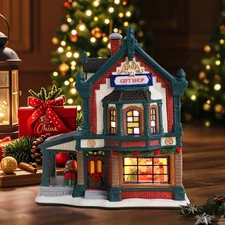 Christmas Village House with LED Lights, Ceramic Gingerbread House Indoor Dec...