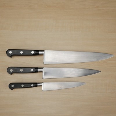 SET Vtg Sabatier High Carbon SS 10'' Chef Knife  8'' Chef 6'' Prep  4 Star Elephant