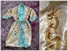 Chinese Satin Dragon Robe Butter Yellow Mint Brocade Reversible M