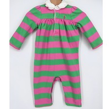 Ralph Lauren Baby Pink Green Striped Romper Ruffle Collar Embroidered Pony 6 M