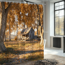 Rustic Cabin Autumn Forest Shower Curtain with Countryside Landscape  Leaves