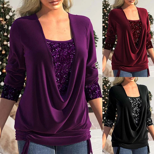 Womens Summer Tunic Tops Ladies Long Sleeve Sequins Shirts Blouse - Bild 1 von 19