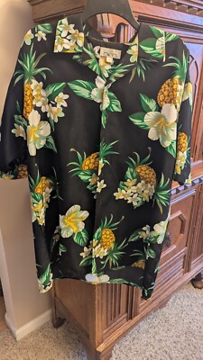 NWOT Men's EMVO Hawaiian Print Casual Button Down Shirt Black L Perm. Press