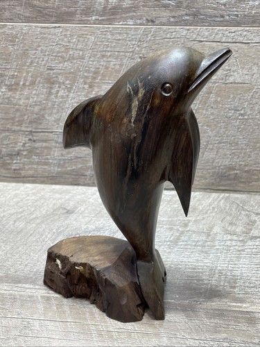 Vintage Rosewood Dolphin Sculpture Hand-Carved Nautical Ship Captain Sculpture