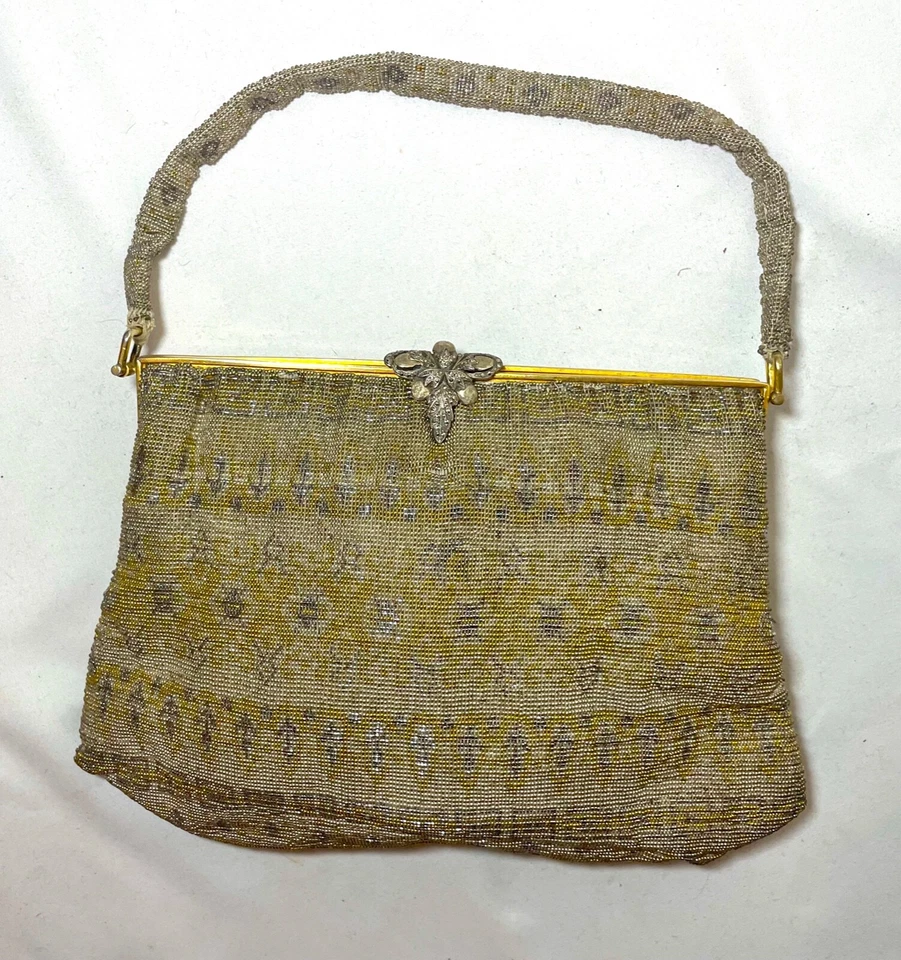 Bolsa de mão antiga feita à mão micro metal com miçangas joias mosaico latão bolsa clutch - Imagem 2 de 4