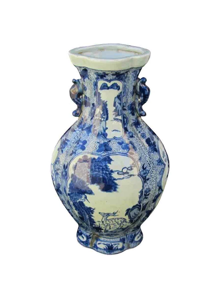 Jarrón chino de porcelana de dos orejas con paisaje de montaña de ciervo y pino azul y blanco JZ439 Foto 4 de 4